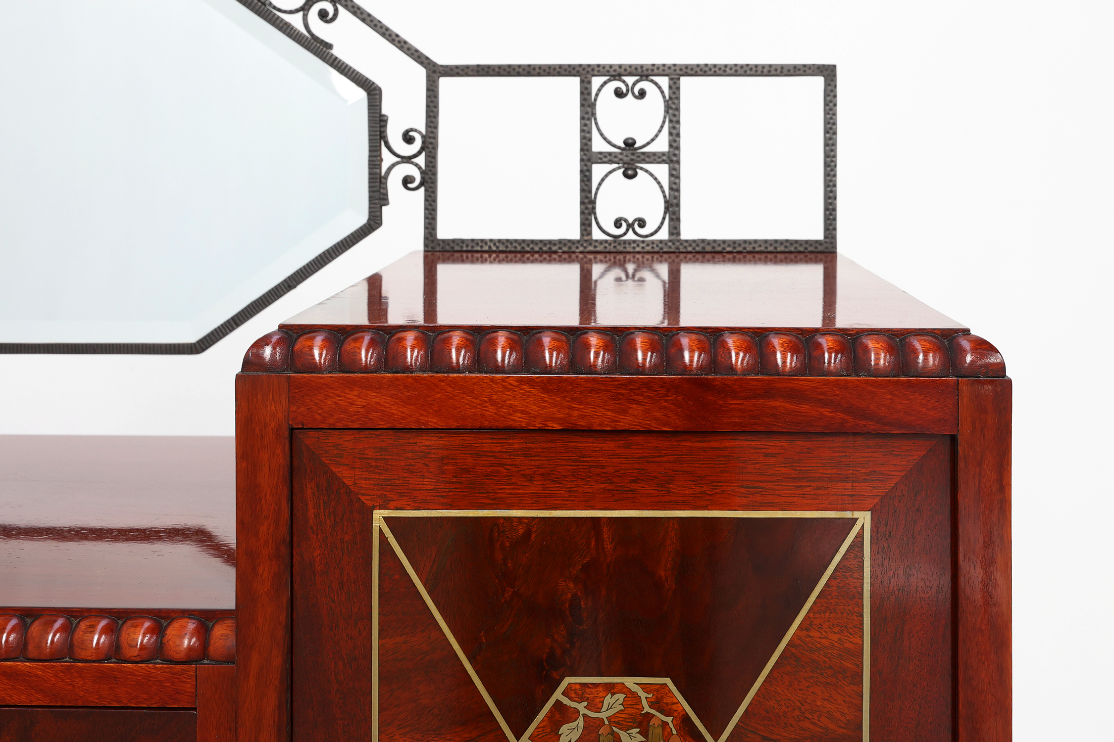 Art Deco marquetry cabinet with wrought-iron mirror crest, Belgium, ca. 1925 thumbnail